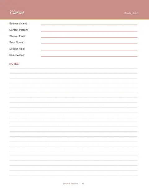 Vendor notes, Wedding Planner